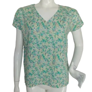 Camiseta J.Jill, S, estampado floral verde, espalda plisada, manga corta, mezcla de algodón Supima - Imagen 1 de 12