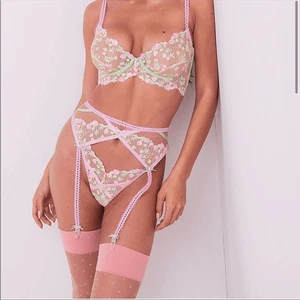 For Love and Lemons Tutti Fruiti Strumpfgürtel schimmernd rosa grün Blumen XS neu mit Etikett - Bild 1 von 7