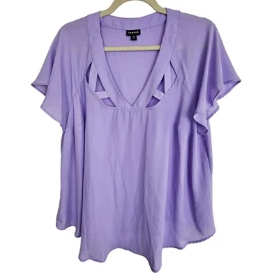 Torrid Top Flutter Sleeve Blouse V-Neck Blouse Women 00 Purple Cut Out Top  - Image 1 of 4