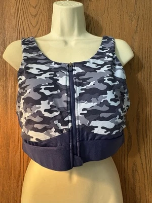 EUC Fabletics Bra Blue Camo High Neck Zip Front Crisscross Back Sports Women XXL - Image 1 of 4