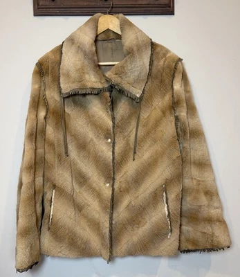 Jaqueta boho ocidental de pele de coelho tosquiada vintage camurça franja cetim forrado desgastado G - Imagem 1 de 4