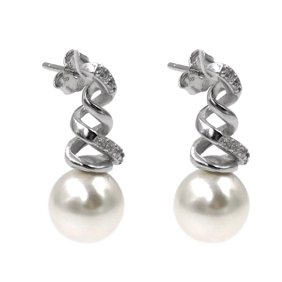 Orecchini Perle Montatura Vortice in Argento 925 con Zirconi Bianchi  - Immagine 1 di 4