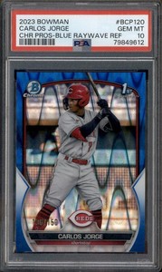 2023 Bowman Chrome Blue Raywave Refractor Carlos Jorge RC /150 PSA 10