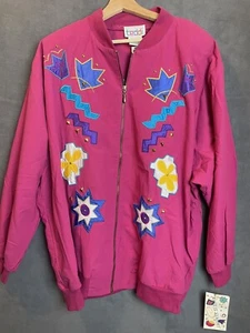 VTG 80's TEDDI Fuchsia Hot Pink Patches Studded Embroidered Zip Jacket Size 2X - Picture 1 of 11