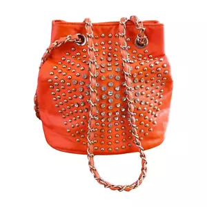 Neon Orange BUCKET BAG Rhinestone & Silver STUDDED Metal Accent Strap Y2K Purse - Picture 1 of 8