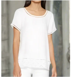 Joie Kadence Short Sleeve Top Womens Large White Boat Neck Eyelet Cutout - Picture 1 of 5