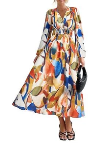 Women's Casual Floral Midi Dress Long Sleeve V Neck Flowy Beach Dresses - Picture 1 of 16