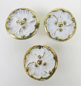 Vintage Mid Century Flower Shaped Cabinet Drawer Knob Set 3 Brass White 1.5"wide - Picture 1 of 4