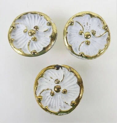 Vintage Mid Century Flower Shaped Cabinet Drawer Knob Set 3 Brass White 1.5"wide - Image 1 of 4