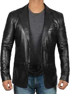 Men's Genuine Lambskin 100% Leather Blazer Soft TWO BUTTON Black Coat Jacket - Picture 1 of 7