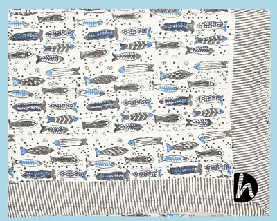 Kantha Quilt Bedsheet Hand-block Throw Cotton Coverlet King/Queen Indian Blanket - Image 1 of 4