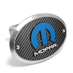 Mopar 3D Logo on Carbon Fiber Look Oval Billet Aluminum 2 inch Tow Hitch Cover - Picture 1 of 6