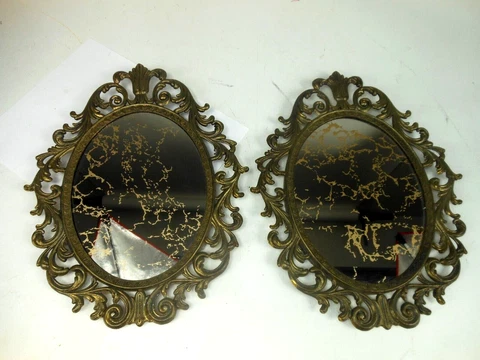 VTG Pair Hollywood Regency Mirrors Ornate Antique Style Mirror 13 1/4" Cover
