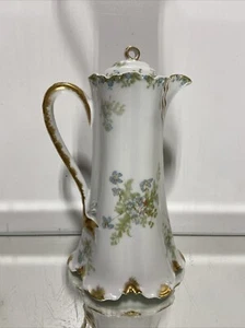 Antique HAVILAND LIMOGES Chocolate Pot Teapot Blue Flowers Gold Ribbon - Picture 1 of 21