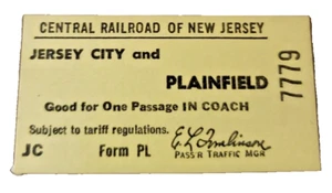 CNJ CENTRAL RAILROAD OF NEW JERSEY JERSEY CITY TO PLAINFIELD NEW JERSEY TICKET - Picture 1 of 1