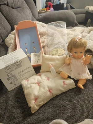 Vintage 1964 IDEAL Tearie Dearie Baby Doll W/ Pink Romper, Crib, Papers &Blanket - Image 1 of 4