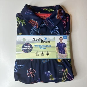 Birdie Bound Performance Mens Polo Shirt Navy Neon Tropical Golf  S/CH - Picture 1 of 14