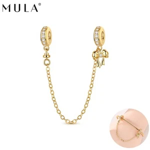 MULA 925 Silver Golden Girl Bow Rubber Plug Safety Chain Charm For WomenBracelet - Picture 1 of 6