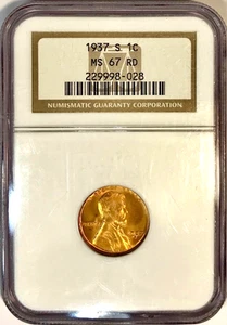 OH Old Holder 1937-S Lincoln Wheat Cent NGC MS67 RD Silky Red PCGS Price $360.00 - Picture 1 of 4