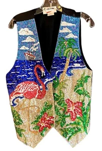 80s 90s Flamingo Sequin Vest Tropical Sparkle Palm Tree Size M - Picture 1 of 9