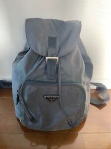 PRADA Backpack Nylon Khaki gray Auth USED Logo From Japan #4202