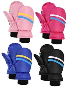 4 Pairs Kids Ski Gloves Waterproof Warm Snow 5-8Years Rose, Pink, Blue, Black - Picture 1 of 7