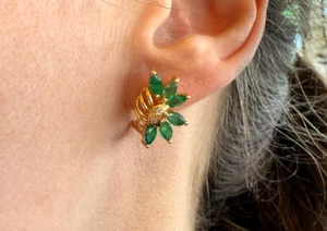 Starburst Emerald & Diamond Earrings 1.25 ctw 14k Gold Omega Back - Picture 1 of 9