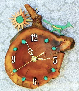 Roadrunner with Sunburst and Turquoise Stones 9" x 8" x 2" Rustic Wall Clock - Picture 1 of 5