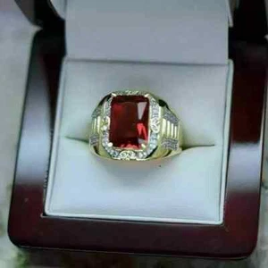 14K Yellow Gold Plated 3Ct Emerald Cut Lab Created Red Ruby Diamond Men's Ring - Picture 1 of 3