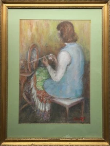 The Spinning Wheel - FABULOUS 1951 POST-IMPRESSIONIST PASTEL PORTRAIT PAINTING - Picture 1 of 10