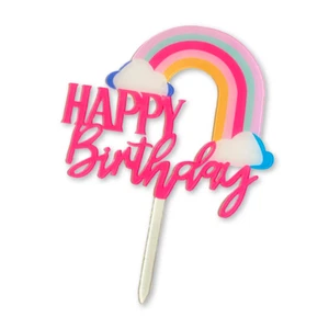Acrylic Cake Topper Happy Birthday Pink Letters Rainbow Design Party Decoration  - Picture 1 of 2