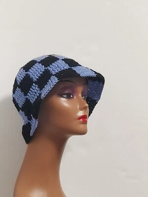 Black And Blue  Crochet Checkered Bucket hat festival Boho Hippie Chic Handmade  - Image 1 of 4