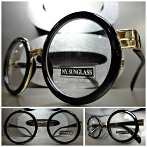 Mens Women CLASSIC VINTAGE Style Clear Lens EYE GLASSES Round Black & Gold Frame