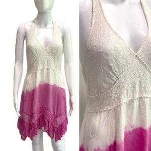 Embroidered Ombre Tie Dye Halter Dress Size M Empire Waist Ruffle Hem Fairycore - Picture 1 of 15
