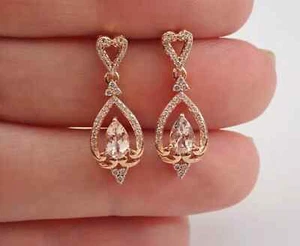 Orecchino pendente/goccia placcato oro rosa 14 kt taglio pera morganite creato in laboratorio 2 ct - Foto 1 di 6