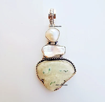 Colgante grande enchapado en plata blanco druzy con perlas, colgante antiguo hecho a mano Foto 1 de 4