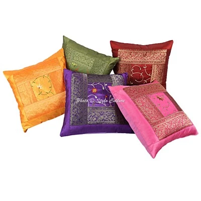 Ethnic Cushion Covers 40 x 40 cm Embroidered Patchwork Polydupion Floral Pom Pom - Image 1 of 4