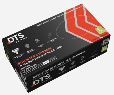 DTS Defend Disposables Gloves: Black Heavy Duty Nitrile Powder Free Gloves S-XL