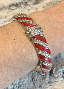 Holiday Lane Red Enamel Pavé Rhinestone Candy Cane Style Hinge Bangle Bracelet - Picture 1 of 9