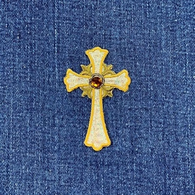 Cross Applique Patch Embroidered Shimmery Fabric & Acrylic Jewel Christian Badge - Image 1 of 3