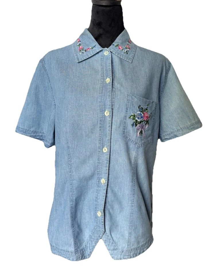 Camisa Denim Manga Corta Solutions Original De Colección Bordada Abuela M Foto 1 de 4