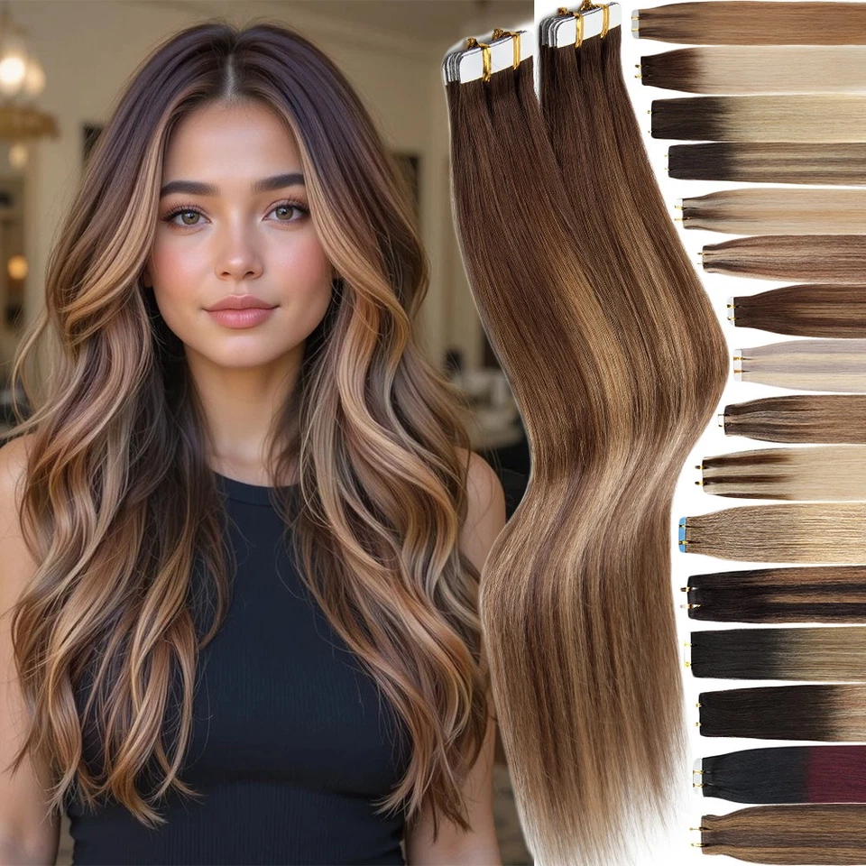Cinta Adhesiva en Extensiones de Cabello Humano Remy Trama de Piel Balayage Ombre Resaltar Foto 1 de 4