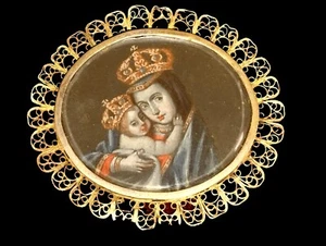 ANCIENT MEDALLION. VIRGIN AND CHILD. OIL ON COPPER. GILT SILVER FRAME. SPAIN. 17 - Picture 1 of 1