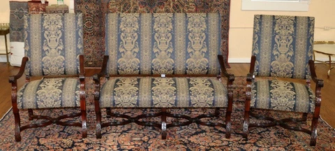 French Style Mahogany & Blue Damask Style Fabric Chair Settee Parlor Set Cover