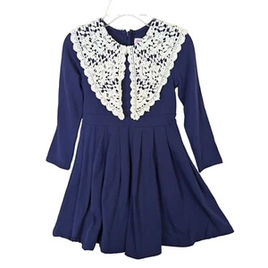 Happy Rose Girls size 10 Navy Cotton Knit Dress Crouched Lace Collar Stunning - Picture 1 of 14