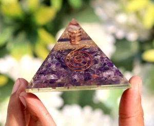 Purple Amethyst Orgone Pyramid  LG 75X55mm Flower of Life Orgonite EMF Protect - Picture 1 of 10