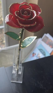 Gold ZJChao Dipped Red Rose 24K w/ Transparent Stand Real Long Stem Eternity MOM - Picture 1 of 7