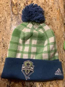 Adidas Seattle Sounders FC Knit Hat with Pom Green White Plaid Blue Stretch - Picture 1 of 9
