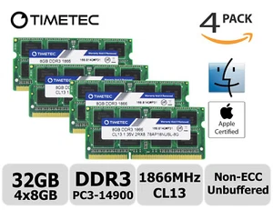 Timetec 4x8GB DDR3L 1866MHz PC3-14900 Non-ECC 1.35V 2Rx8 SODIMM Apple Memory RAM - Picture 1 of 2
