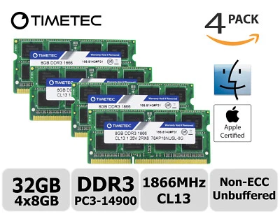 Timetec 4x8GB DDR3L 1866MHz PC3-14900 Non-ECC 1.35V 2Rx8 SODIMM Apple Memory RAM - Image 1 of 2